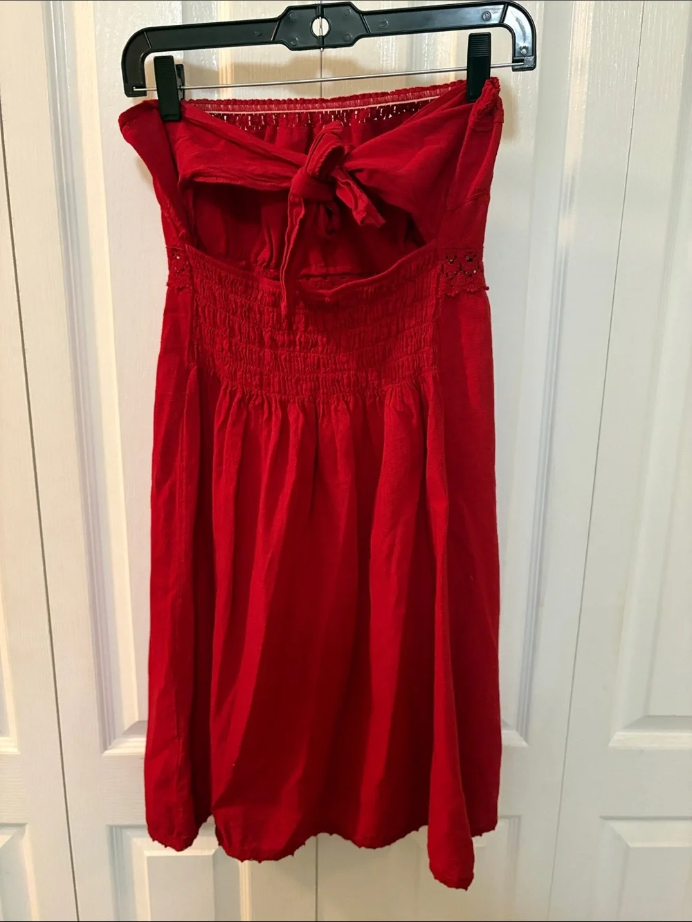 Strapless Red Summer Dress with Eyelet Detail - Picture 2 of 5